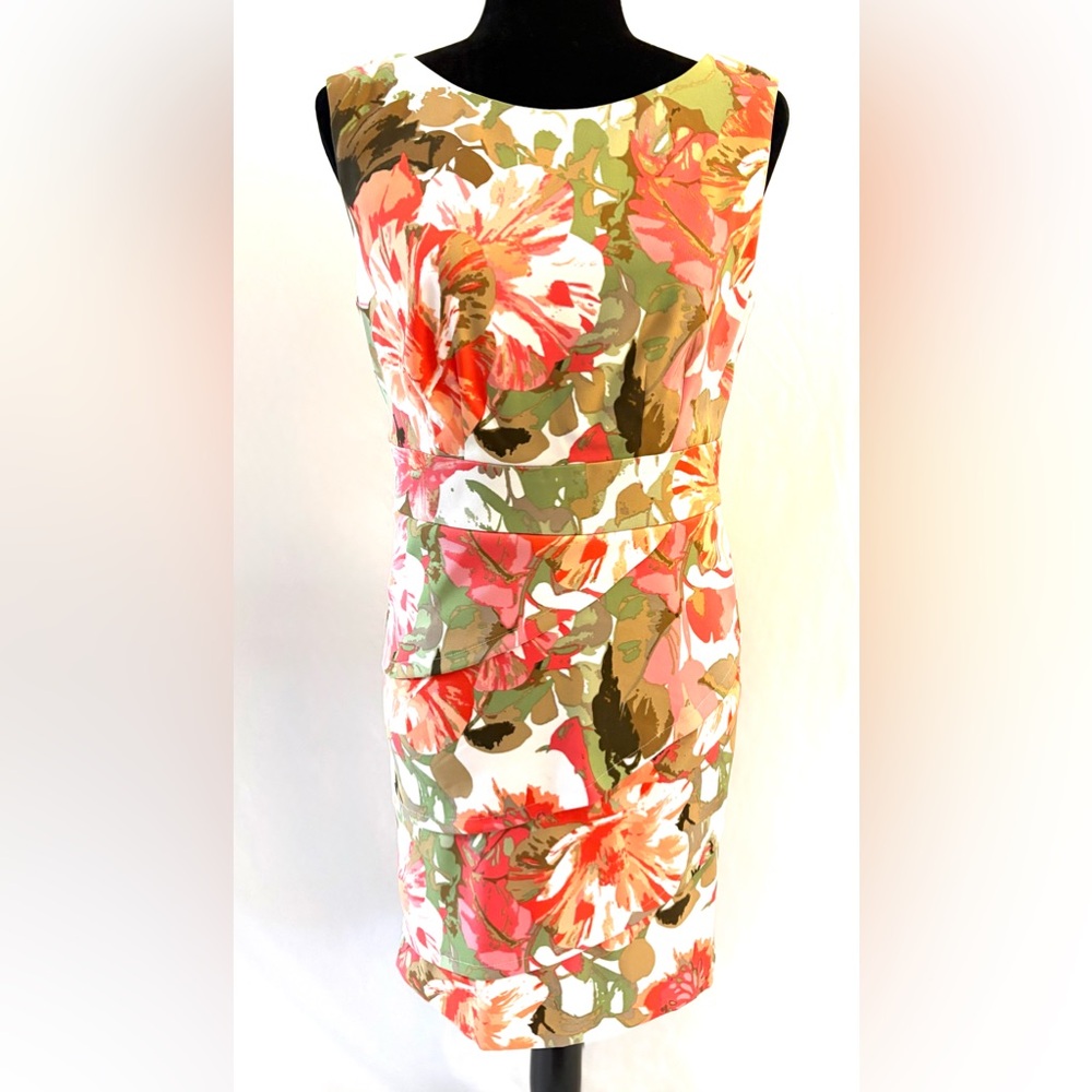 Connected Apparel tropical floral print sheath dress.